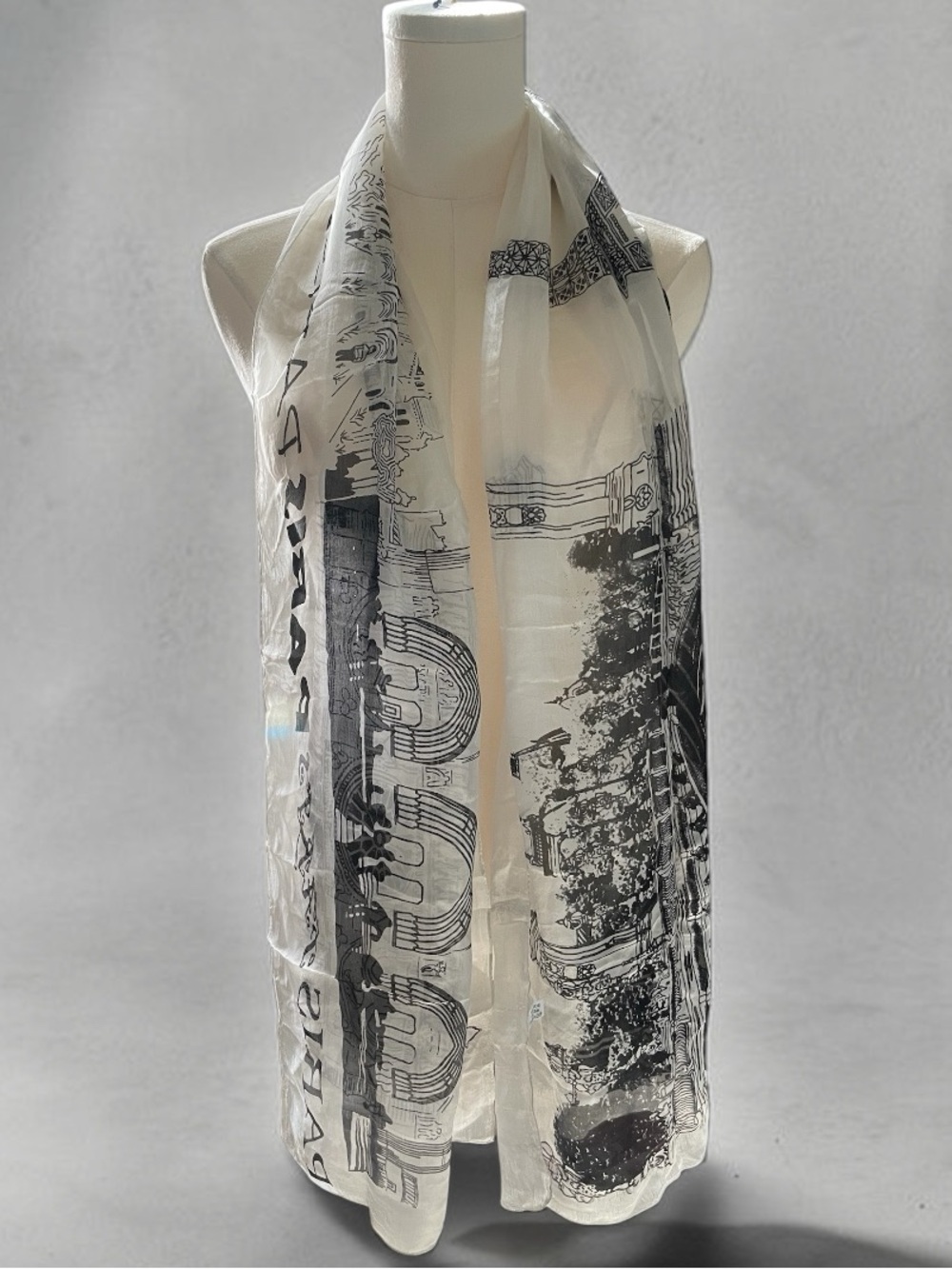 Paris 100% Silk Sheer Landmark Print Oblong Scarf Black Ivory 20x70 - Picture 4 of 14
